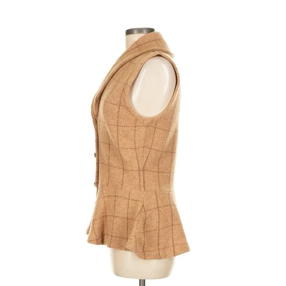 Vintage Ralph Lauren Lambswool Peplum Sweater Vest Plaid Cardigan Camel Beige M - Picture 3 of 7